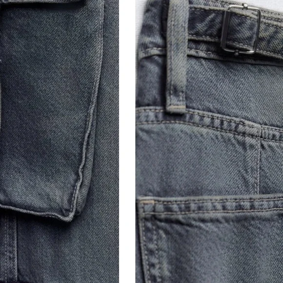 Zara Gray Wash Straight Wide Leg Cargo Pocket Jeans - Picture 4 of 15